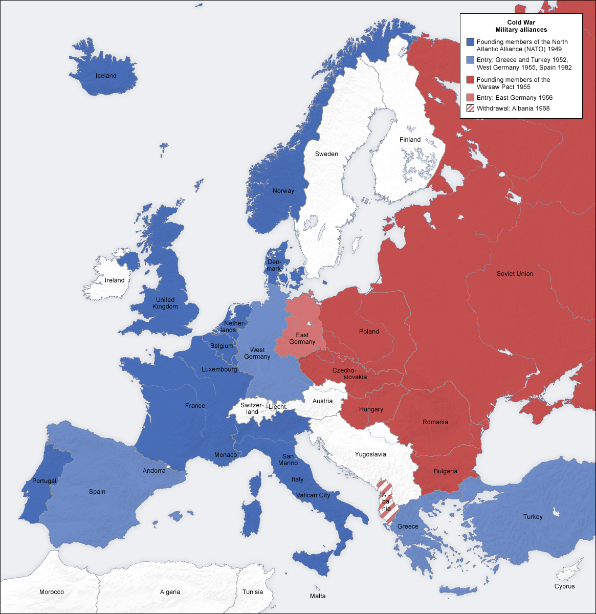 European military alliances during the Cold War. Membership changed over time.