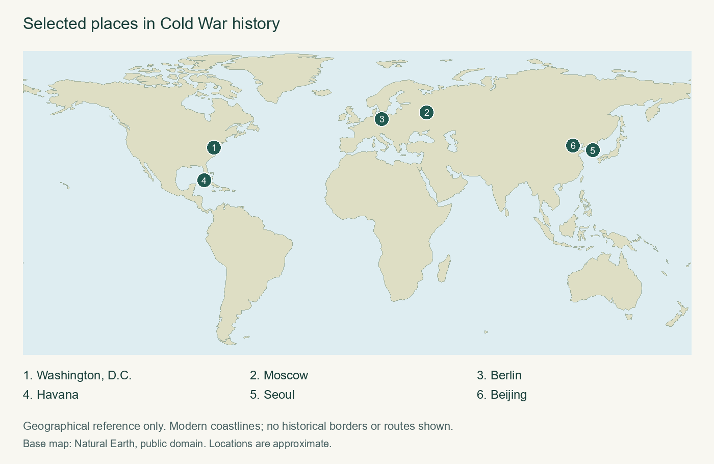 Selected places in Cold War history. The numbered locations provide geographical context; they do not indicate historical borders or trade routes.