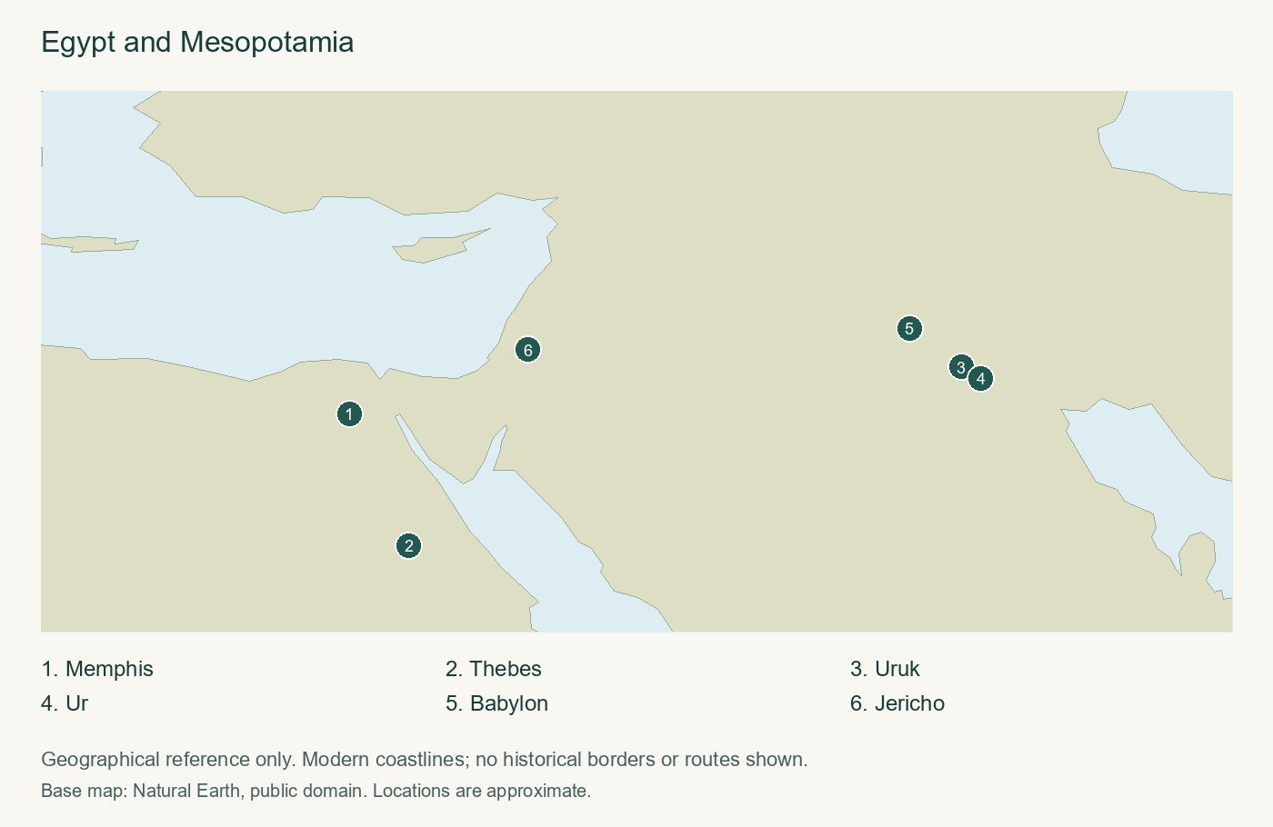 Egypt and Mesopotamia. The numbered locations provide geographical context; they do not indicate historical borders or trade routes.