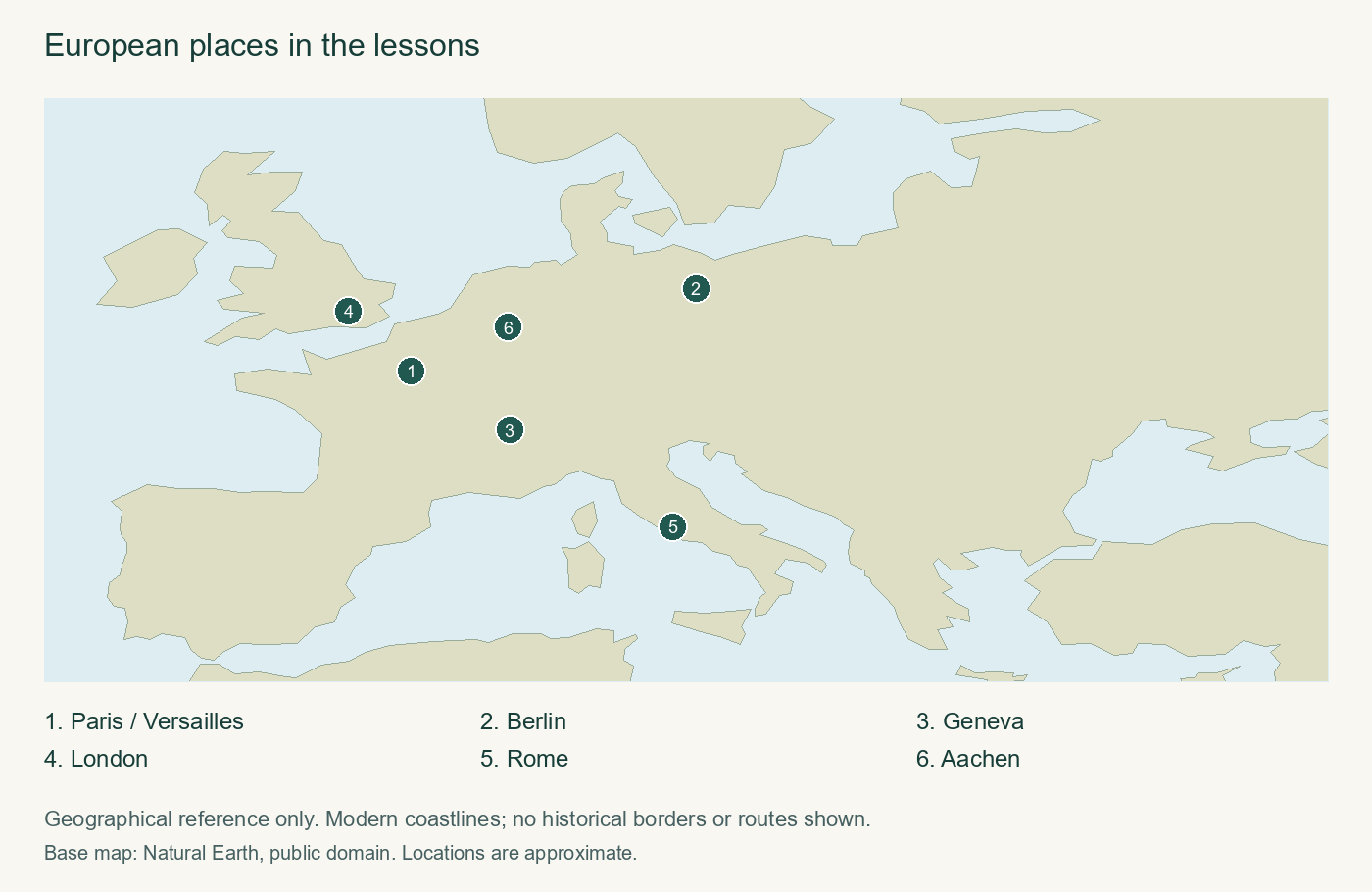 European places in the lessons. The numbered locations provide geographical context; they do not indicate historical borders or trade routes.
